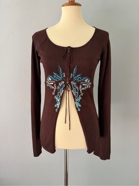 Karen Millen England Beaded Bolero Top - Turquoise Crystal Brown Knit
